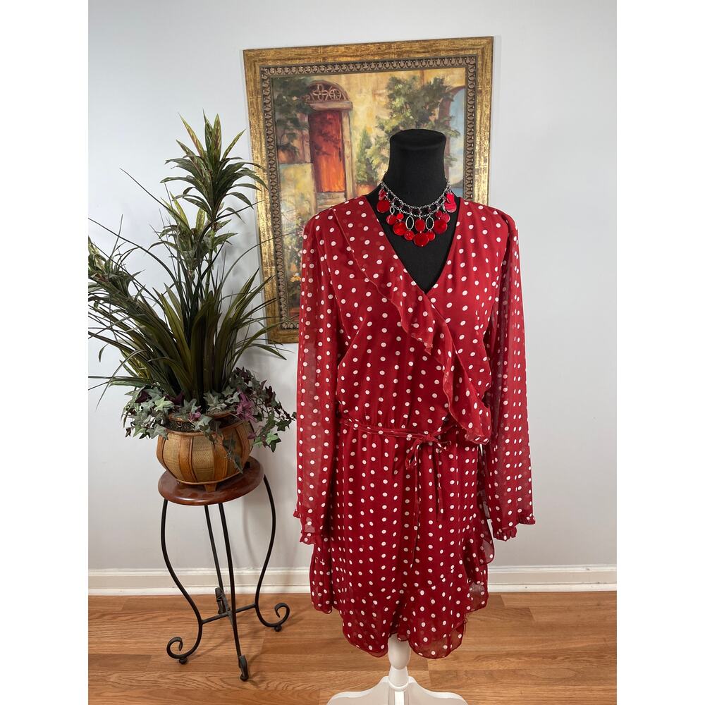 Charlie Paige Dress Women's XL Red White Polka Dot Ruffle Long Sleeve Romantic